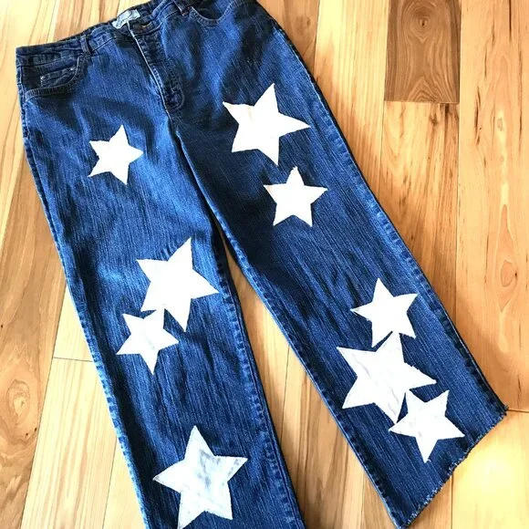 Upcycled Patchwork Jeans, Cropped Denim Hippie Pants with White Stars Size 16 - Picture 10 of 13